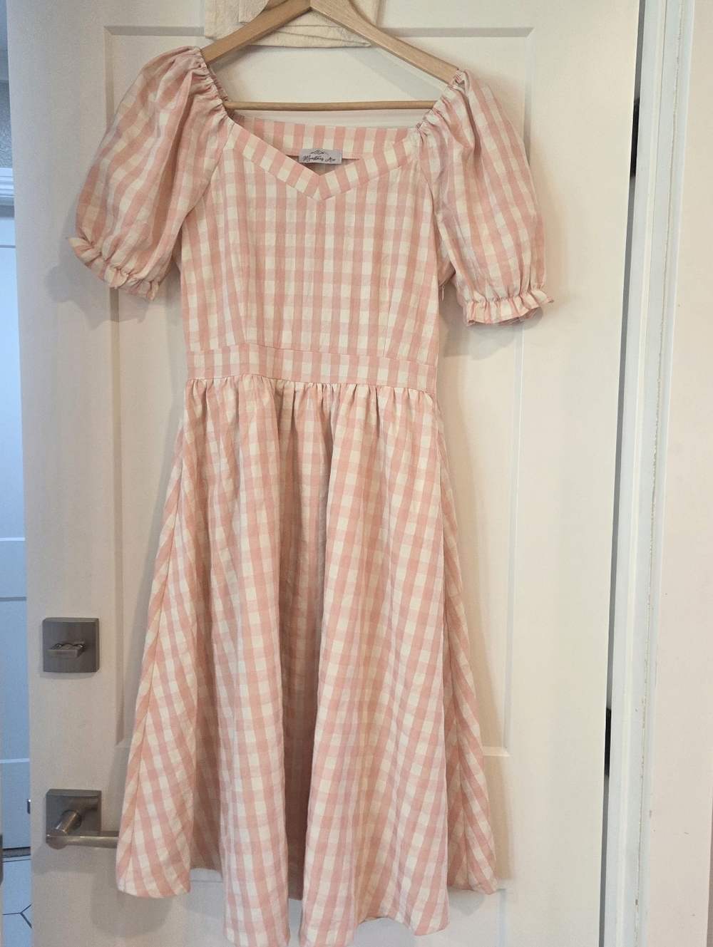 Pink Gingham Puff Sleeve Cottagecore Midi Dress Milkmaid Coquette XS Cotton